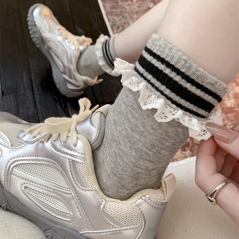 American European Style Lace Cuffed Striped Socks Women'S Early Autumn Lace Sweet Internet Celebrity Middle Tube Pile Socks