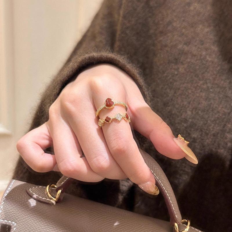 Real Gold Electroplated Zircon Oil Drop Gourd Flower Opening Ring Retro Temperament Index Finger Ring Light Luxury High-end Jewelry