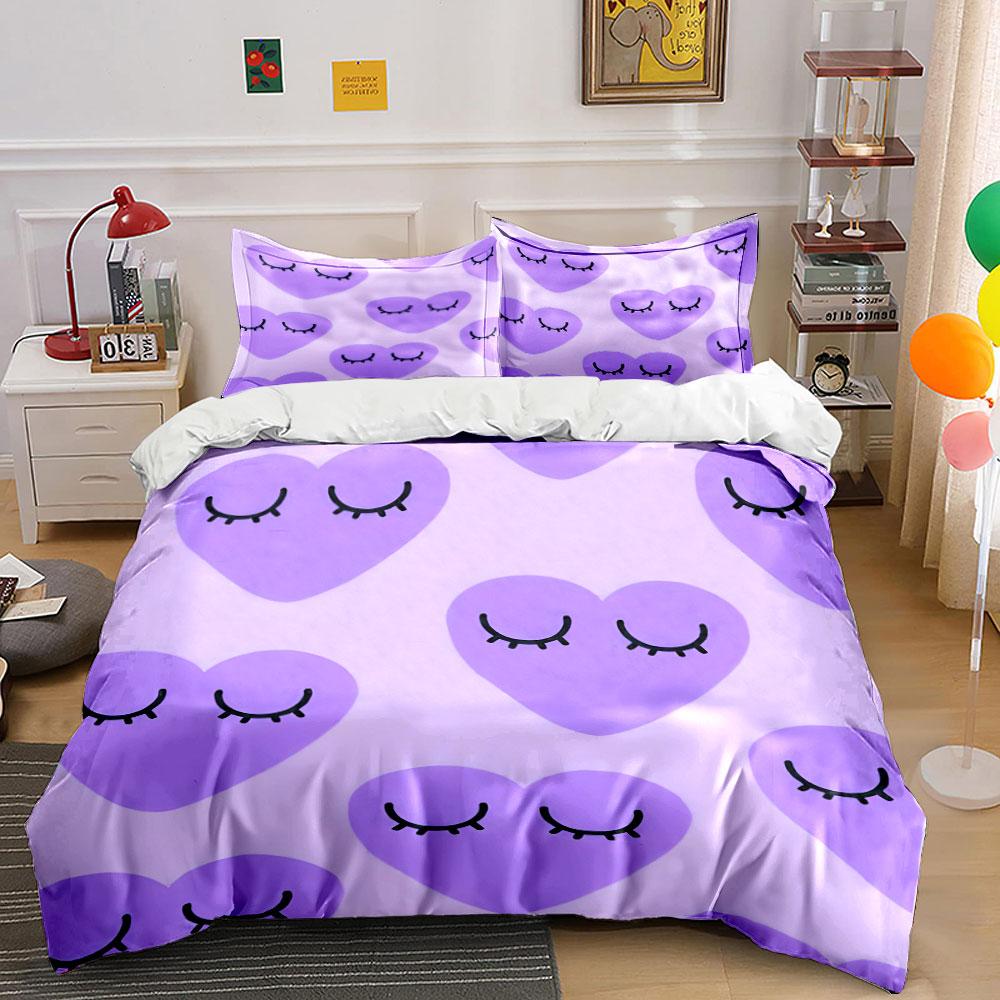 Sleeping Heart With Eyelash Duvet Cover Set, Light Purple Kawaii Girly Bedding Includes 1 Duvet Cover And 2 Pillowcase, Gift