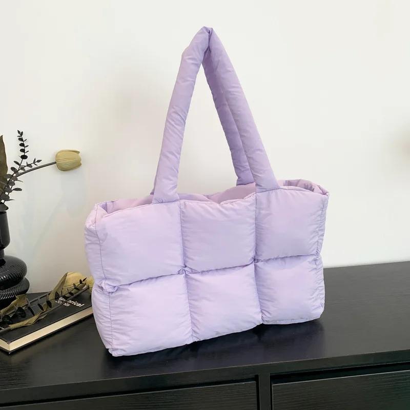 Quilted Plaid Bag Women Tote Handbags Retro Trendy Checkered Waterproof Shoulder Bag Solid Color Winter Soft Large Capacity Bags