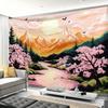 Mountain Tapestry Nature Forest Pink Cherry Blossoms for Bedroom Aesthetic Sunset Wall Hanging Orange and Green Landscape for