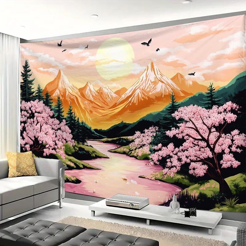 Mountain Tapestry Nature Forest Pink Cherry Blossoms for Bedroom Aesthetic Sunset Wall Hanging Orange and Green Landscape for