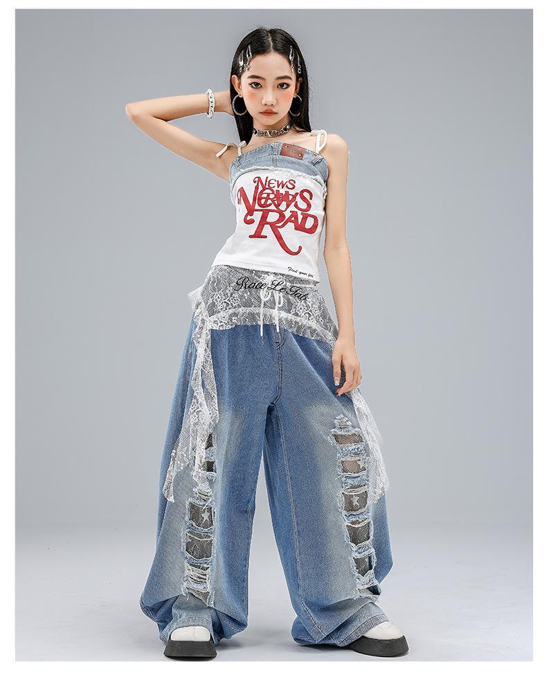 Kostium do tańca jazzowego w stylu koreańskim dla dziewcząt - Dziecięce podarte dżinsy na letni występ.