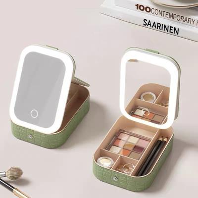 LED Lighted Makeup Storage Box Cosmetic Case Mirror Holder Leather Portable Travel Waterproof Adjustable Luminance