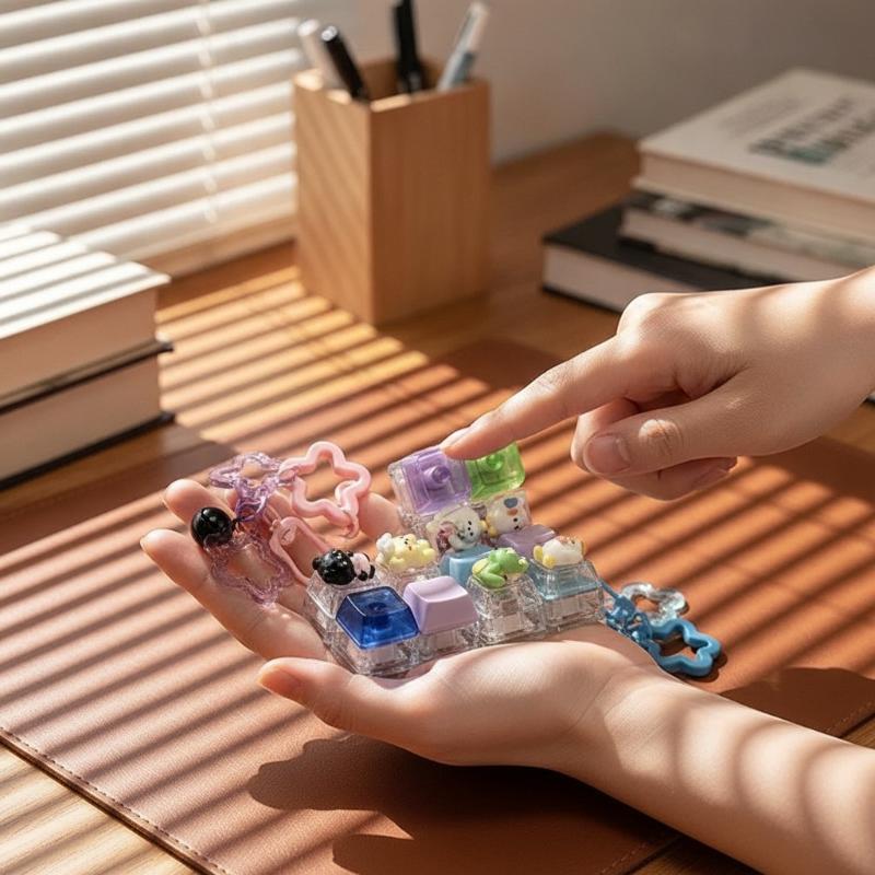 Cute Four Keycaps Keychain Cartoon Animal Mechanical Button Stress Relief Pendant Star Buckle Bag Hanging Decor For Girls Gift