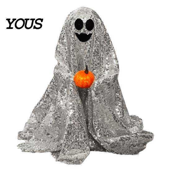 Decorative Ghost Sculpture Halloween Decoration, Outdoor Shiny Figurine with Sequin Cloth, Light Collectible Up Spooky for Parties, Lawn, Porch Decor
