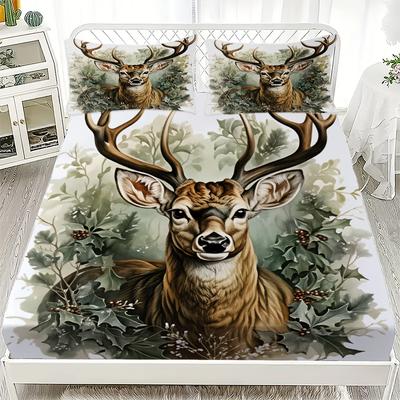 3er Set Spannbettlaken Hirsch Wald 3D-Druck Wildtiere Pflegeleicht Langlebiges Bettlaken mit Kissenbezügen für Schlafzimmerdekoration