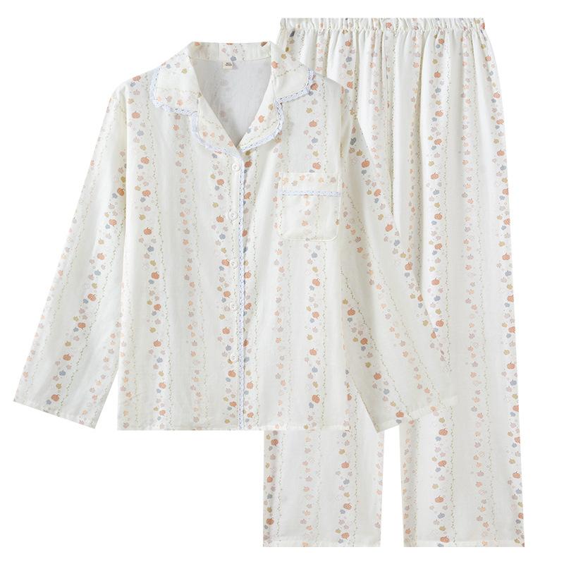 New Spring Fresh and Sweet Cartoon Pure Cotton Crepe Cover Pajamas Women's Simple Long-sleeved Trousers Loungewear Set