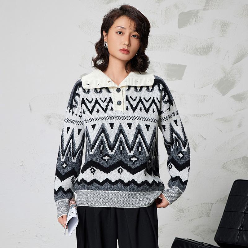 Women's Pure Wool Jacquard Knit Cardigan with Lapel - 2025 Autumn/Winter Elegant Thick Base Layer Sweater