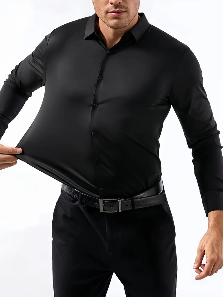 Men Long Sleeve Stretch Dress Shirt Slim Fit Solid Black Wrinkle Free Business Casual Top