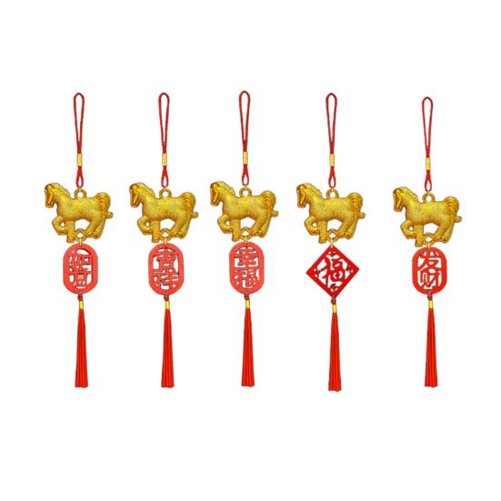 

Подвеска 2026 год Лошади Китайский Новый год Фэн-шуй Зодиакальный талисман Лошадь с кисточкой для Праздника Весны, зеркало заднего вида автомобиля, домашний декор 5pcs Random Style