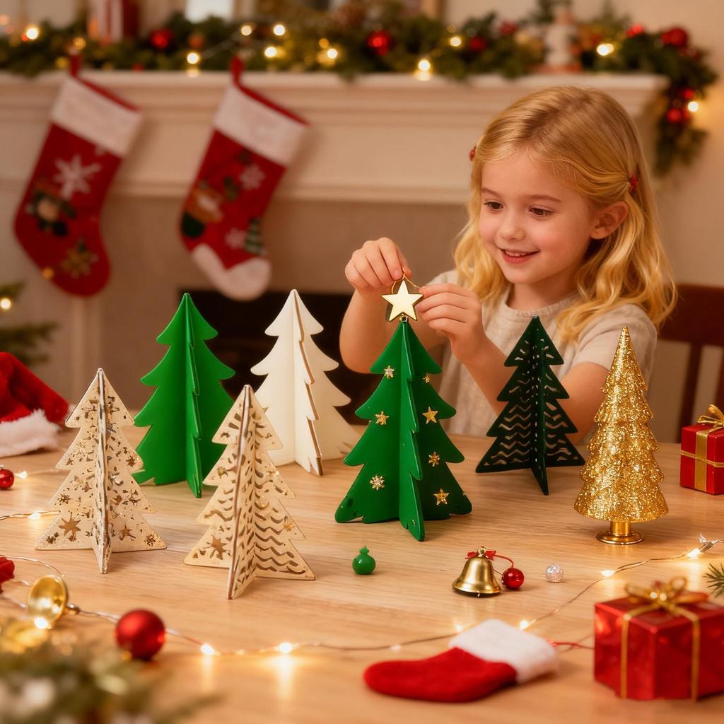 48pcs Wooden Drawing Board Handmade Christmas Crafts Set DIY Three-dimensional Christmas Tree Painted Wood Chips Set