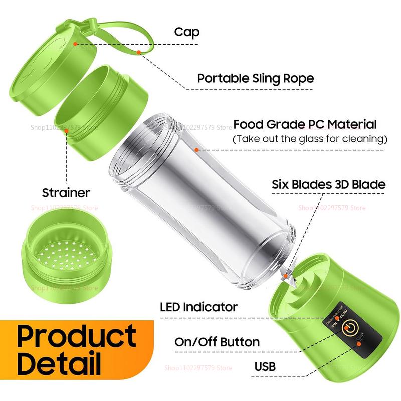 New Mini Portable Blender Bottle USB 6 Blades Fruit Fresh Juicer Smoothies Mixer Machine Crusher Food Processor for Kitchen