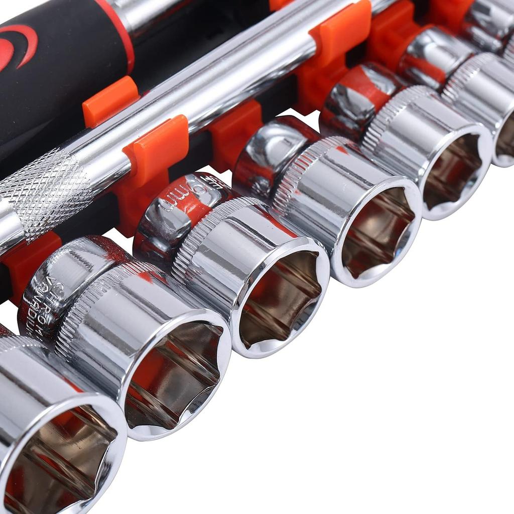 3/8 Inch Socket Set 12Pcs,10-24mm Metric Drive with 24-Teeth Quick-Released Ratchet Wrench and 6" Extension Bar,High Grade Chrome Vanadium Steel,Auto