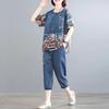 5XL Summer Women's Jeans Sets Spring Summer Printed Stitching Fashion Female Sets Thin Denim Cropped Trousers Mother 2Pcs