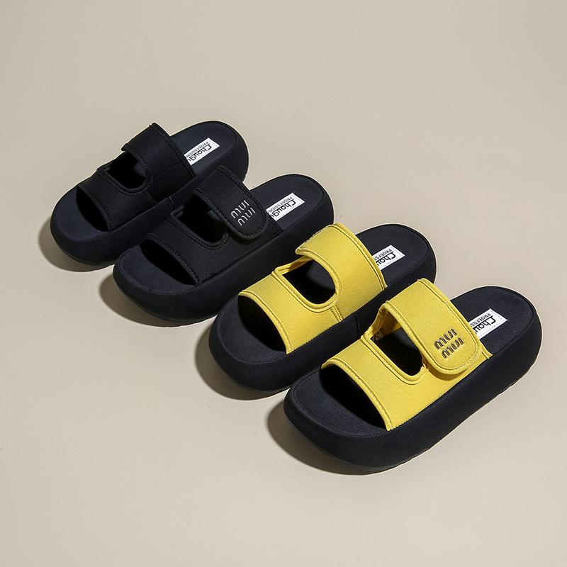 Thick-soled one-word slippers women's 2025 new versatile beach open-toed Velcro cloth-faced cool slippers trendy shoes women's shoes