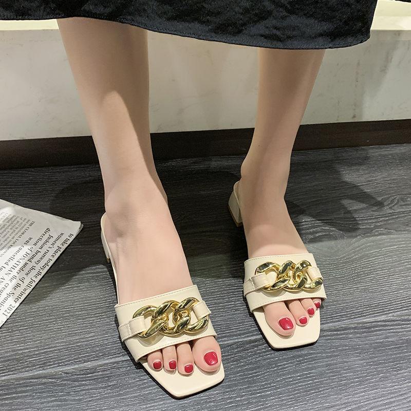 

New summer Internet celebrity thick heel cool slippers open toe wear medium heel bow shoe holder fashion trendy drag women s shoes 40