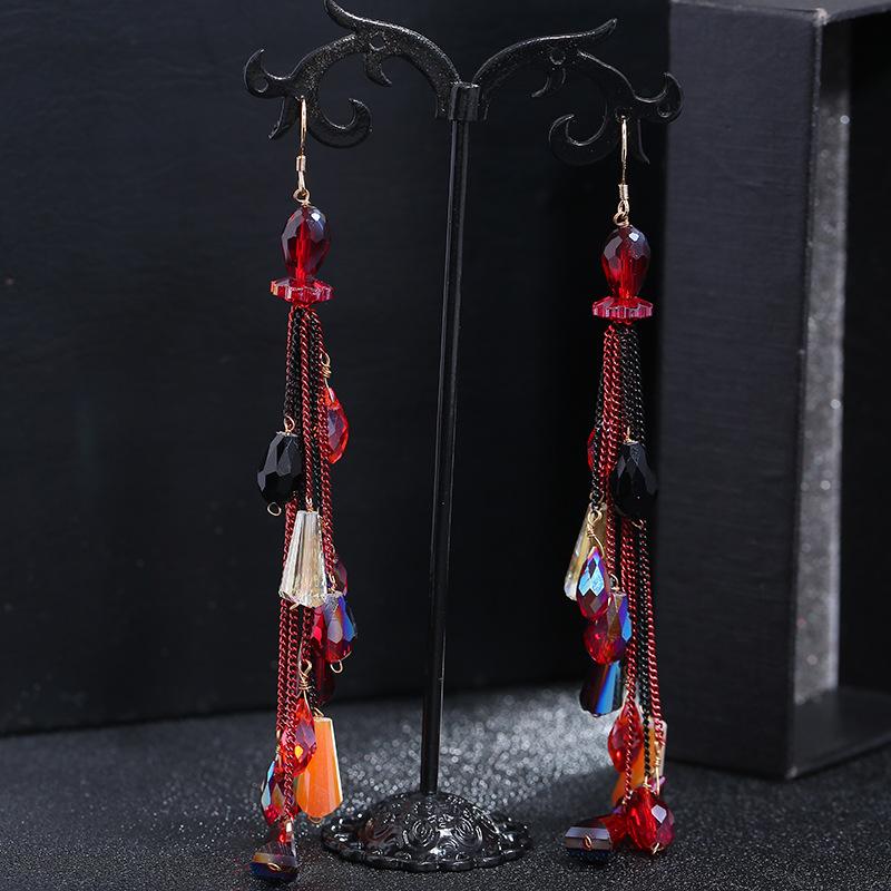 Retro trendy bohemian crystal fringed earrings 925 silver stud earrings temperament long women's personalized earrings