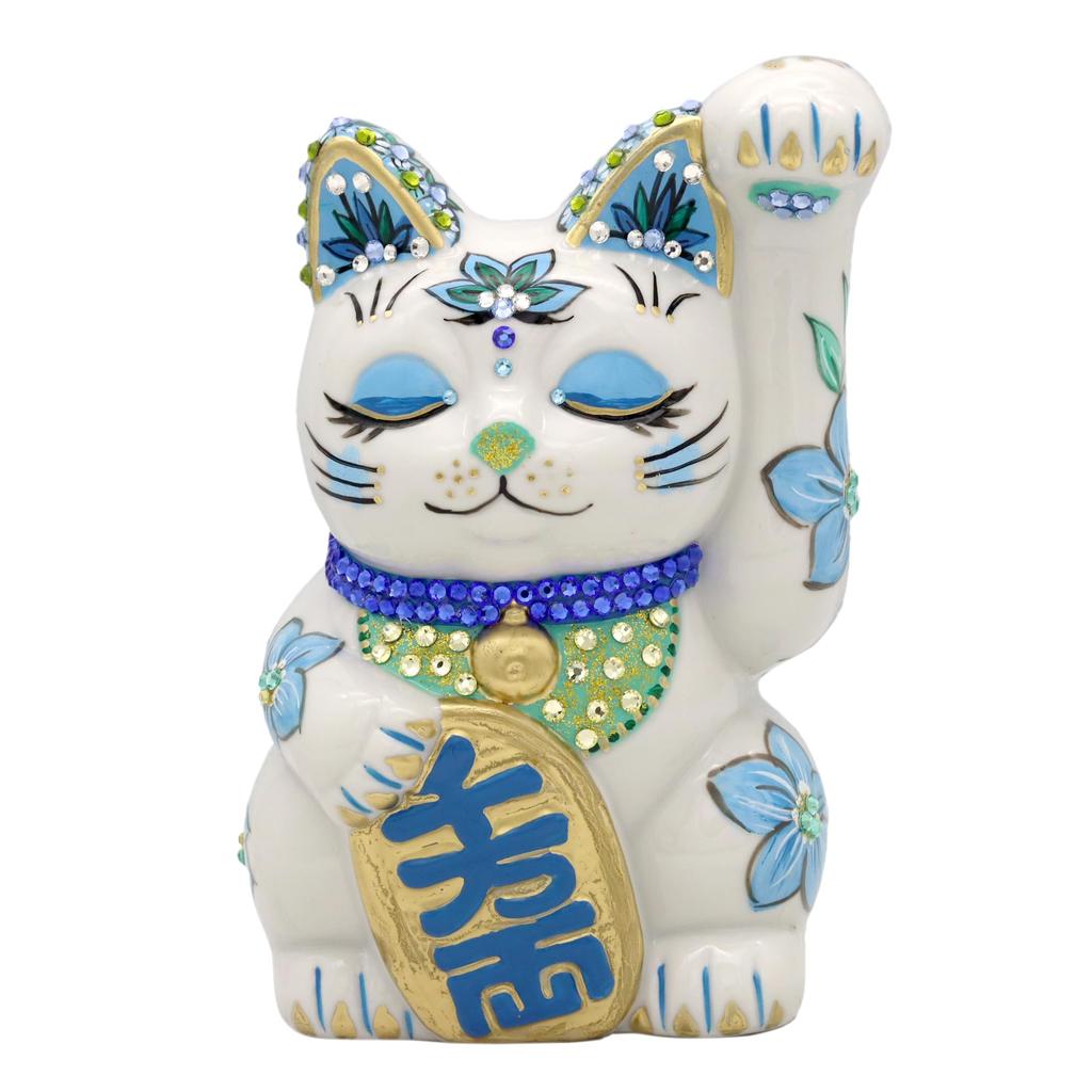 Craftsman House Lucky Charm Gorgeous Seto Ware by a Painter Handmade Made in Japan Maneki-neko (Blue) Hand-Painted