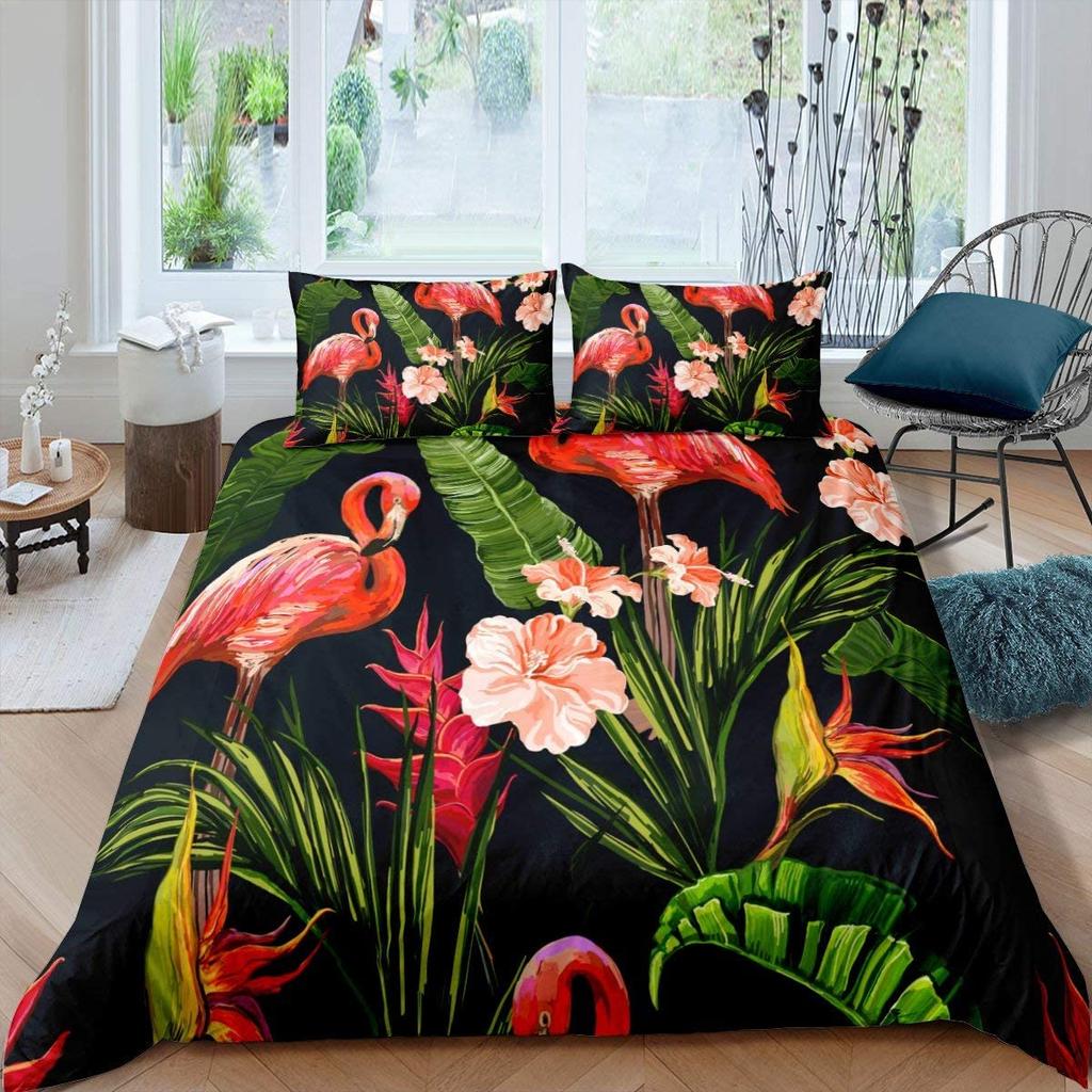 Red Flamingo Duvet Cover Set King Queen Size Polyester Comforter Cover Wild Animals For Kids Teens Animals Lovers Bedding Set