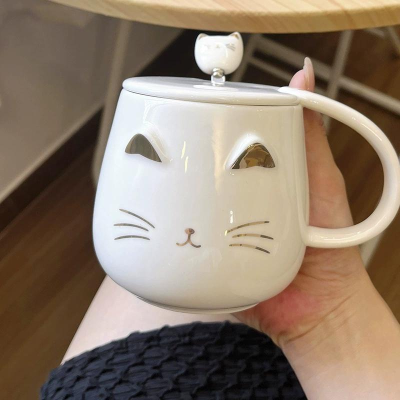 High-Value Creative Cat Mug Ceramic Cup With Lid Spoon Coffee Cup Three-Dimensional Relief Cat Ears Black Pink White Ceramic Cup