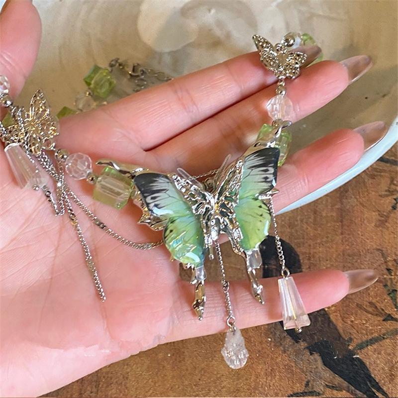 Gothic Green Butterfly Crystal Pendant Beads Choker Chain Necklace For Women Halloween Y2K Charms Exquisite Jewelry Accessories