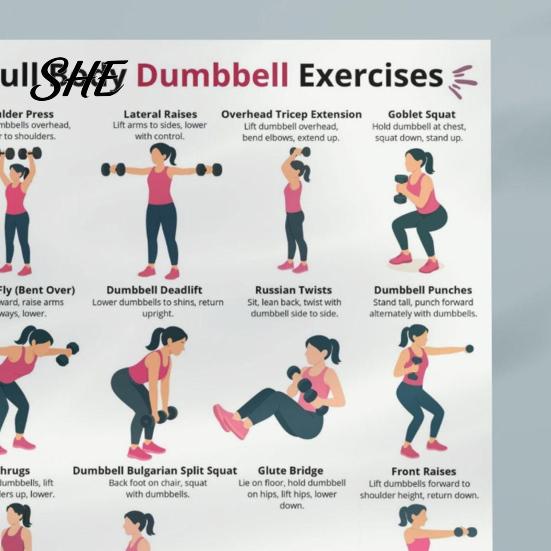 Istruzioni Esercizi con Manubri 5 Pezzi Poster Allenamento, Grafico da Casa per Braccia Allenamento Corpo Intero Gambe Fianchi Core, Guida Wall Art Senza Video