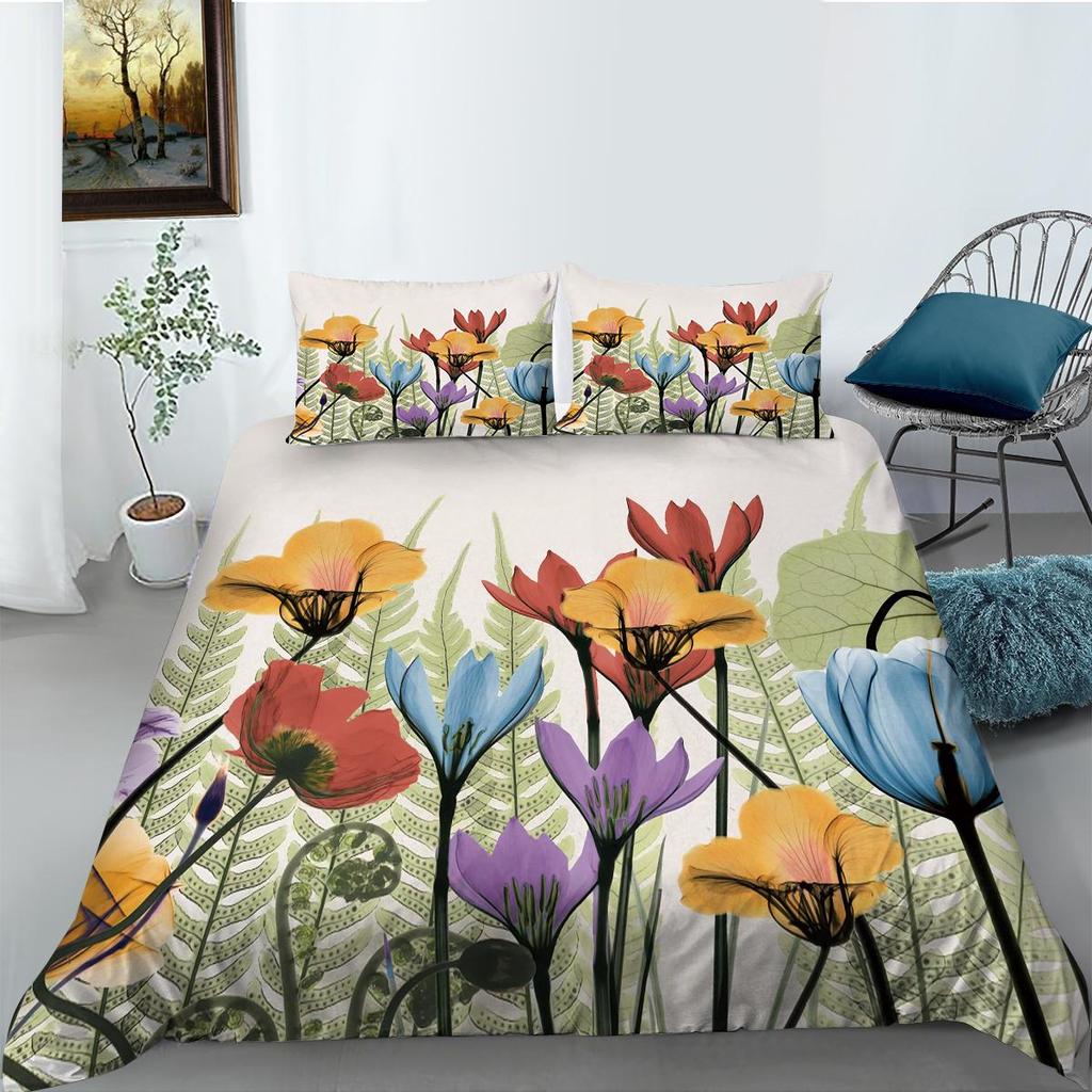 3D Ink Flower Series Bedding Set with Classical Flower Painting Style Quilt and Pillow Covers 2/3 Pieces of Microfiber Fabric Soft Home Decoration