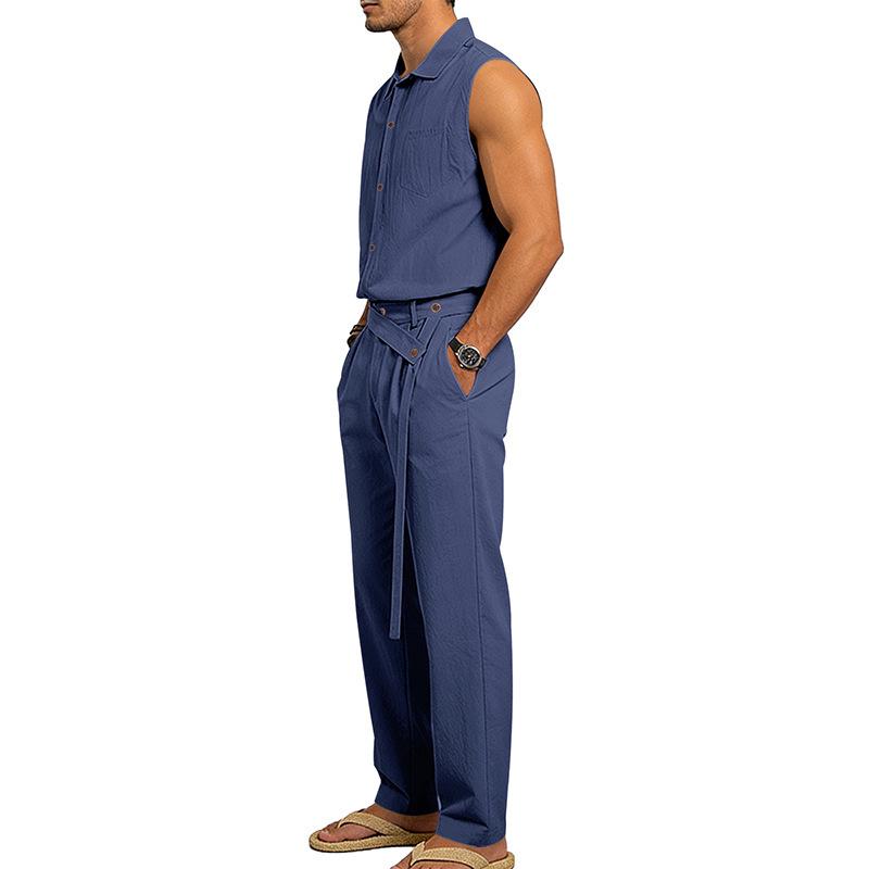 Men's European Summer Linen Sleeveless Shirt & Long Pants Set - Breathable & Trendy Two-Piece