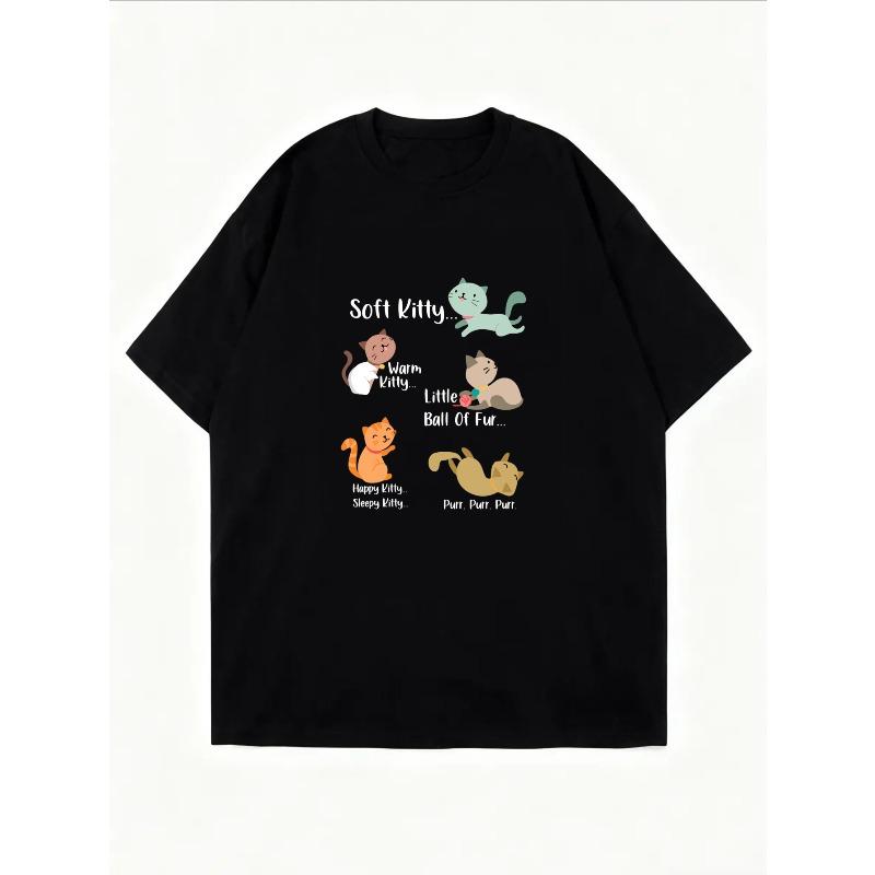 Cute Cat Print T-Shirt White Cartoon Cats And Text For Casual Wear