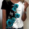 Elegant and Stylish Women's T-shirt with Colorful Roses and a Round Neckline, a Versatile and Refreshing Y2K-style Top for Summer