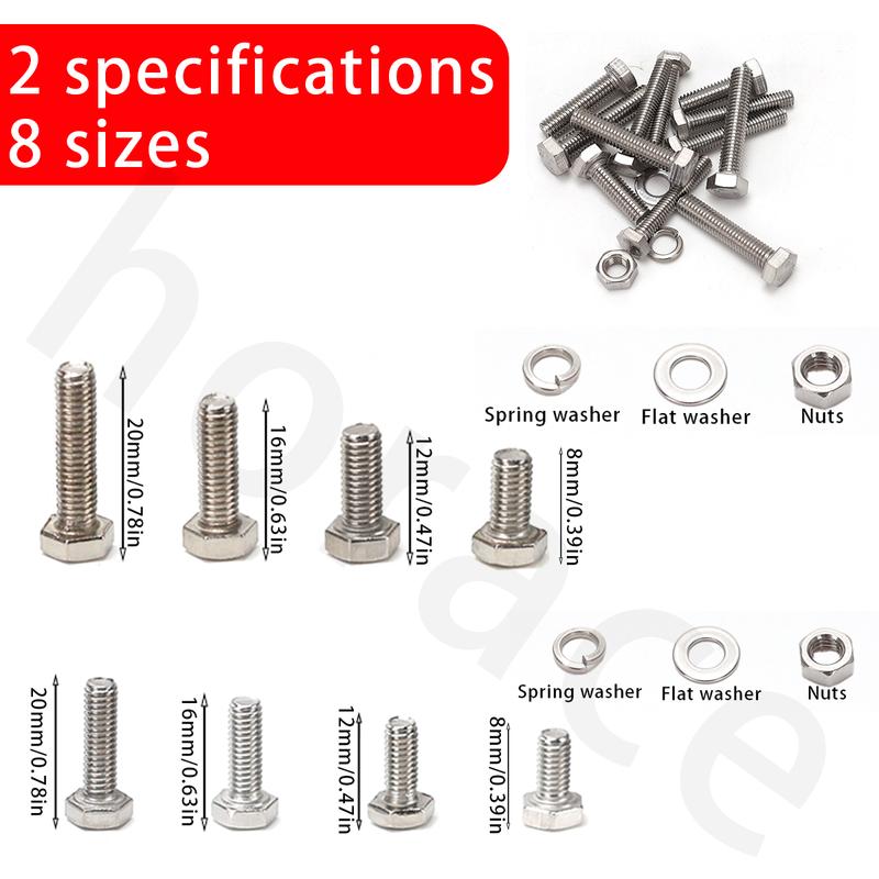 400 PCS, Stainless Steel Hexagon Bolt and Nut Combination Set, M4, M5, Hexagon Head - Including Flat Washers, Spring Washers, (b