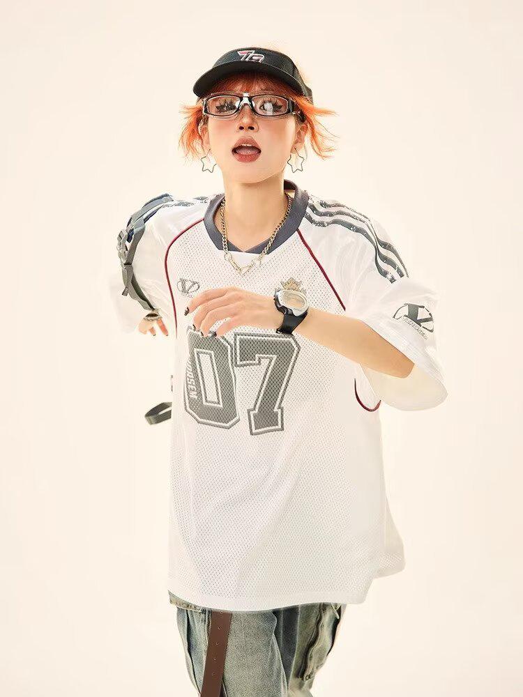 Women's Retro Sport Mesh Rugby T-Shirt: Summer College Style, Loose Fit Short Sleeve