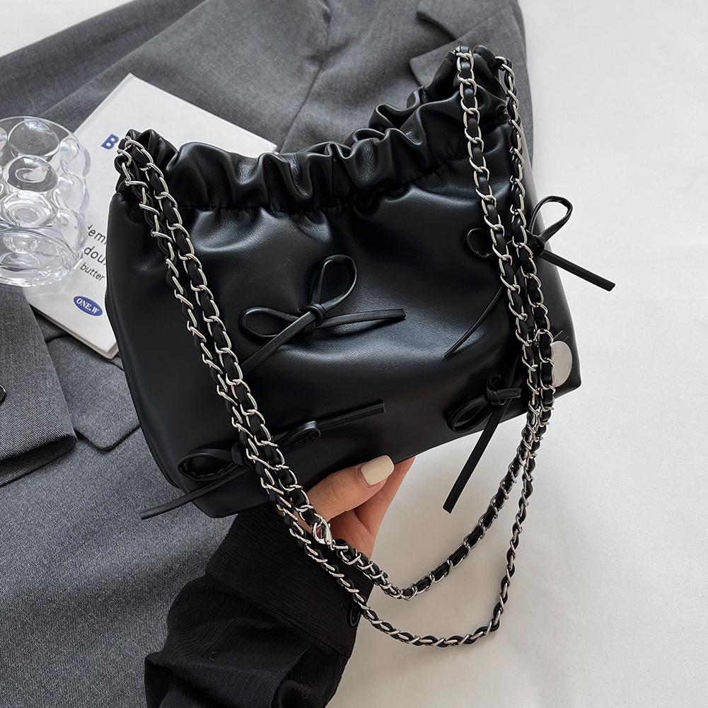 Women Pleated Crossbody Bag Large Capacity PU Bow Shoulder Bag Simple Messenger Bag Solid Color Hasp Closure for Party Vacation
