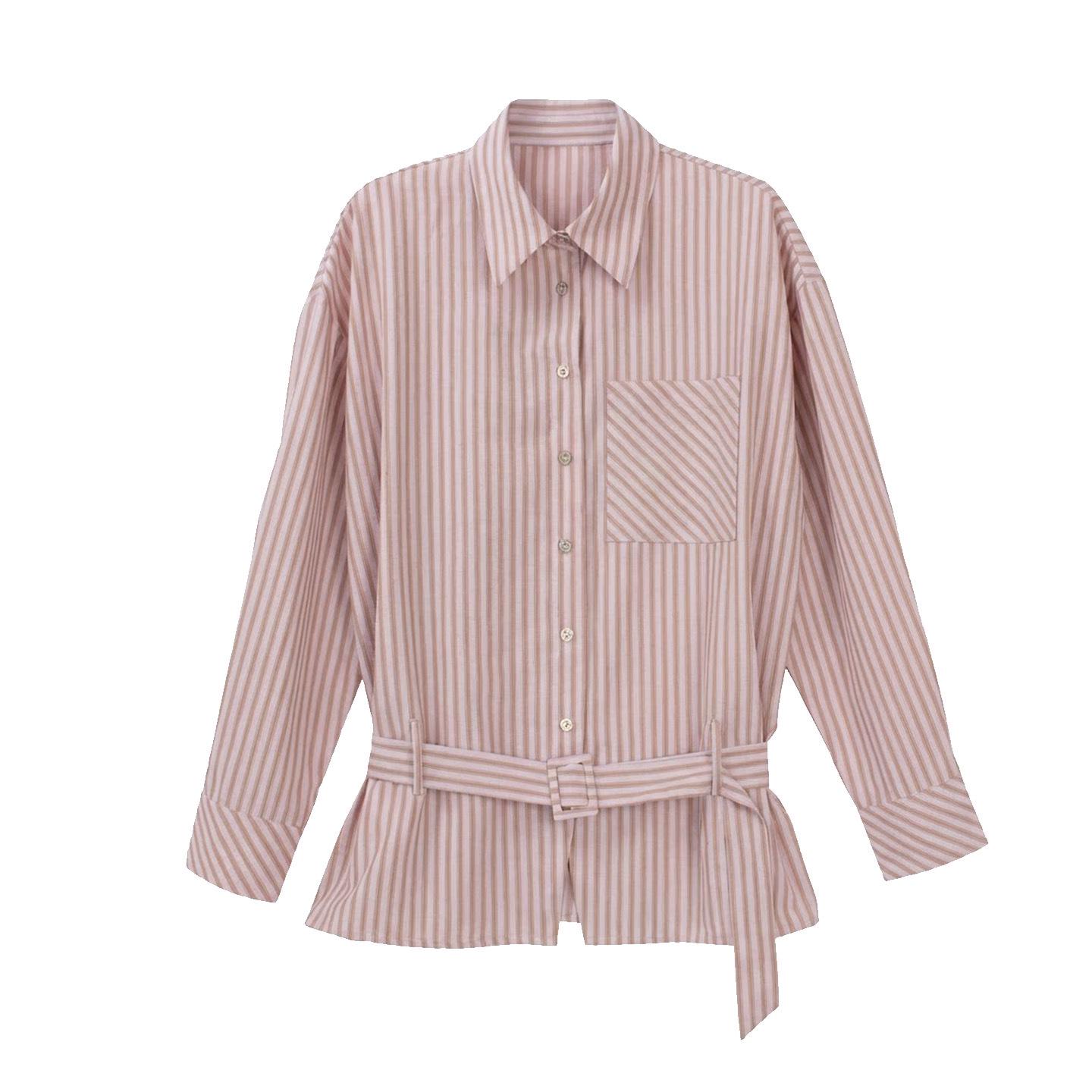 Korean Style Pink Stripe Women s Loose Tie-Waist Casual Long Sleeve Shirt One Size розовый