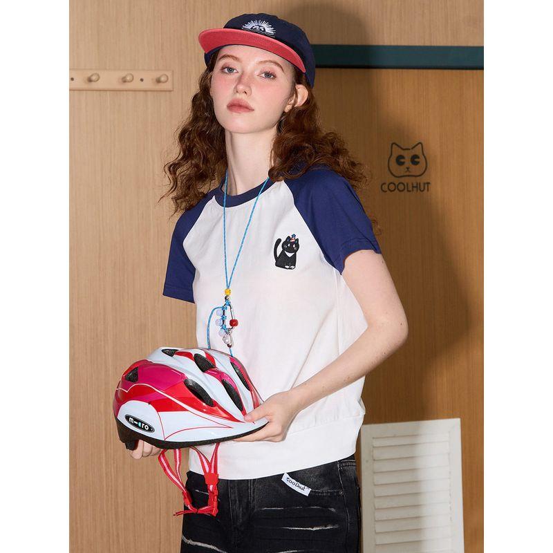 Coolhut Printed Raglan Sleeves Round Neck Color-Blocking Casual Preppy Style Short-Sleeved 2025 Summer Women's T-Shirt Slim Fit Pure Cotton