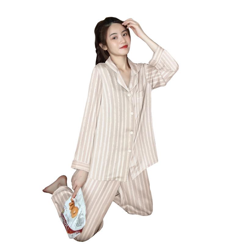 French High-End Ice Silk Pajamas Women'S Spring And Summer Striped Long-Sleeved Trousers Loungewear Suit Can Be Worn Outside
