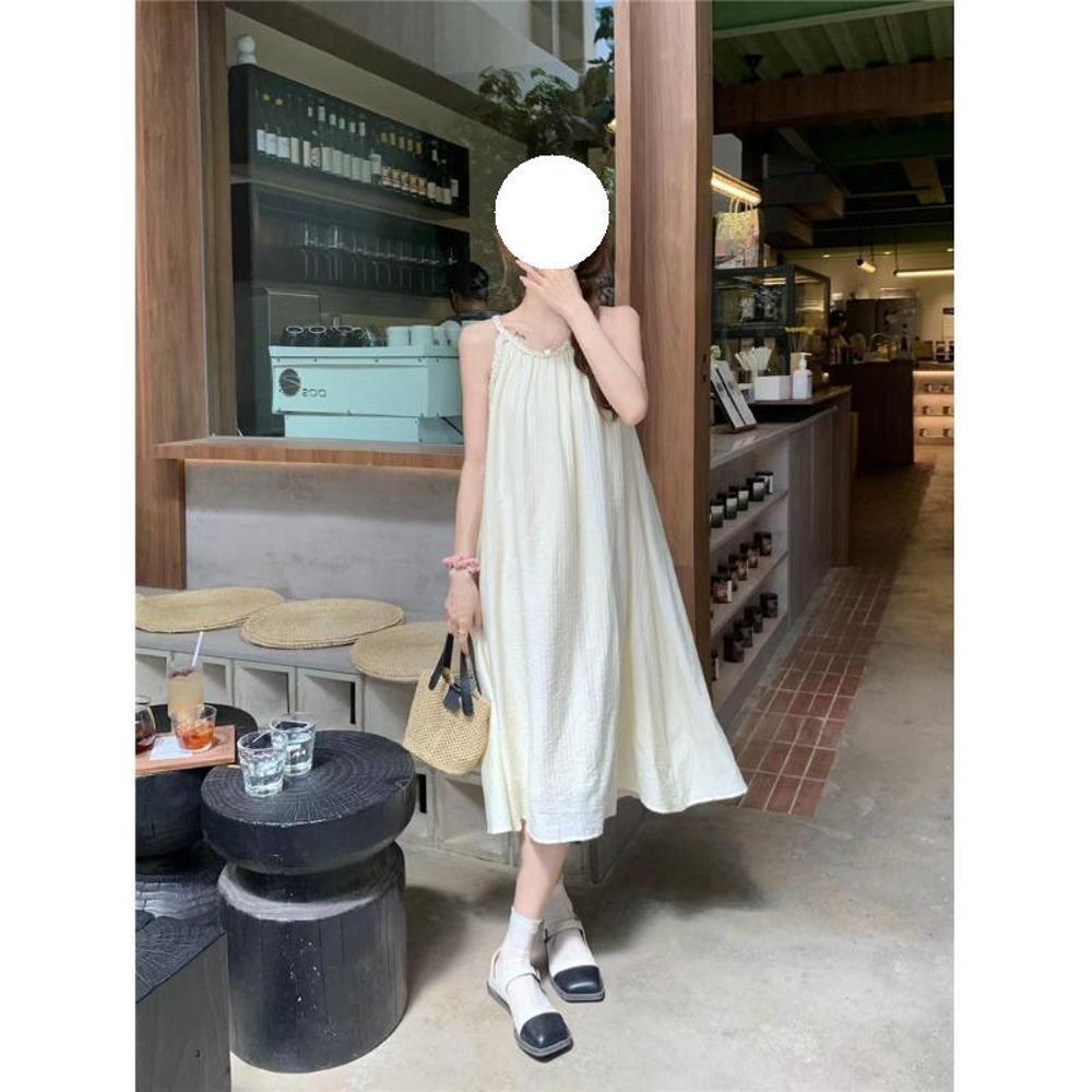 French Gentle Wind Sleeveless Neck-hanging Off-the-shoulder Dress for Women's Summer High-end Temperament Loose Belly-covering and Thin Dress