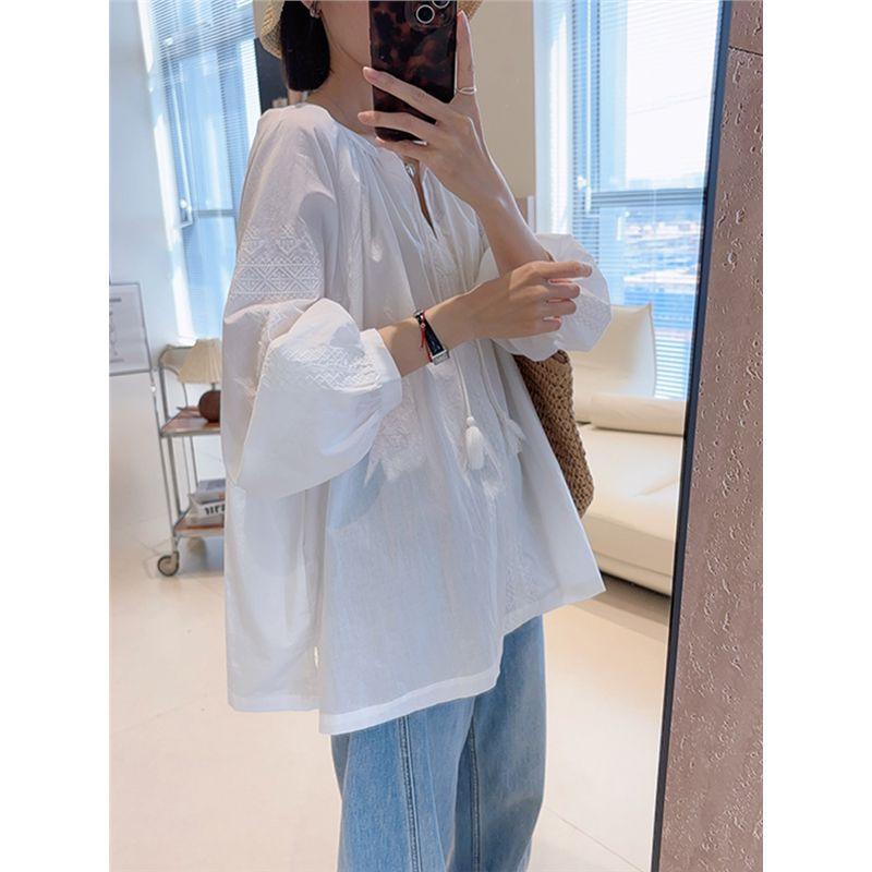 

Unique and Beautiful Tops French Style Unique and Super Nice Shirt Casual White Embroider Lace Lantern Sleeve Shirt Women s Summer White S