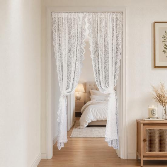 1 Panel White Lace Door Curtain, Sheer Room Divider Curtain, Retro Scalloped Floral Lace Curtain with Rod Pocket for Bedroom Balcony