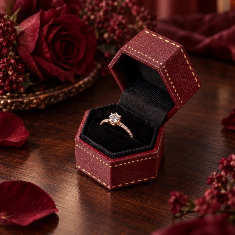 Hexagonal Ring Presentation Box with Black Interior, Gold-Tone Border Pattern, and Attached Lid for Retail Display
