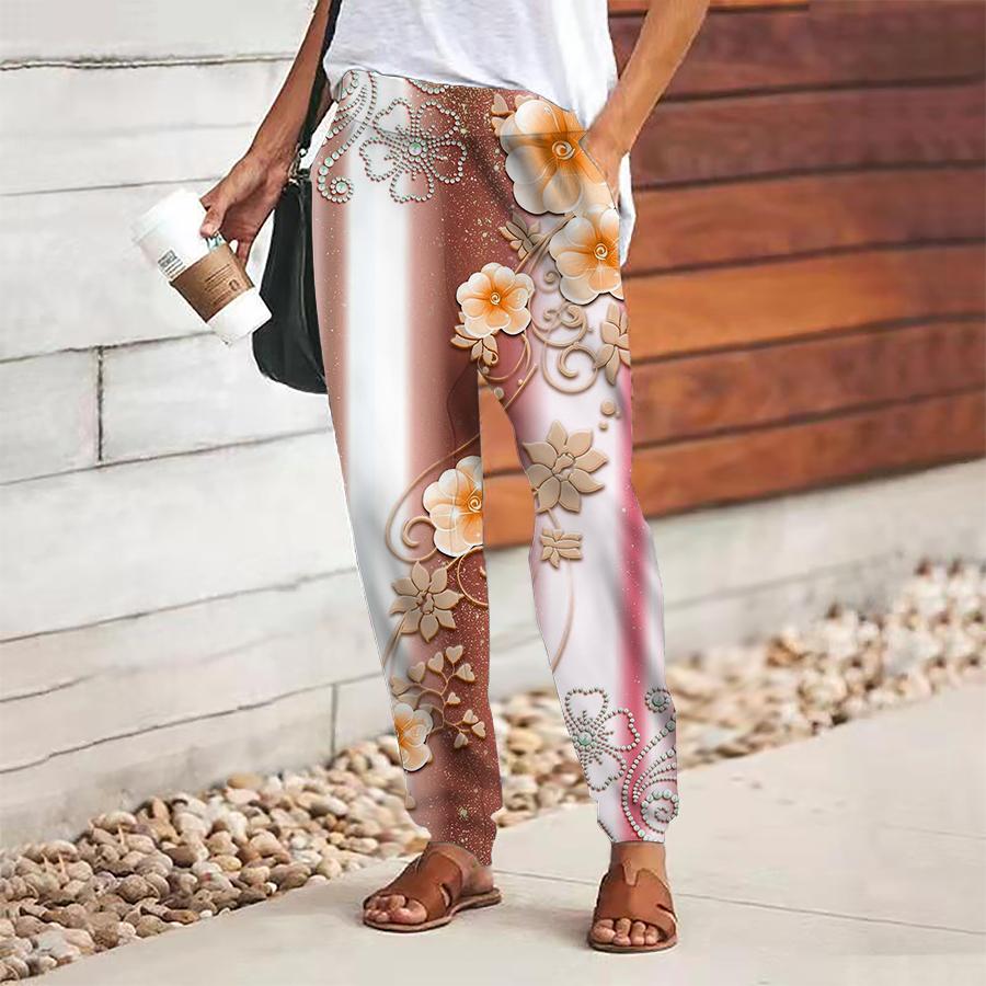 Women Flower Printing Pants Lace Up Elastic Waist Loose Trousers Casual Long Pants Trousers with Pockets