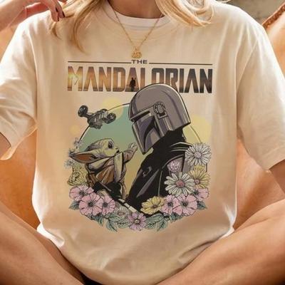 The Mandalorian Shirt, Retro Grogu Baby Yoda T-shirt, Vintage Star Wars Apparel, Magical Space Bounty Hunter Floral Graphic Tee