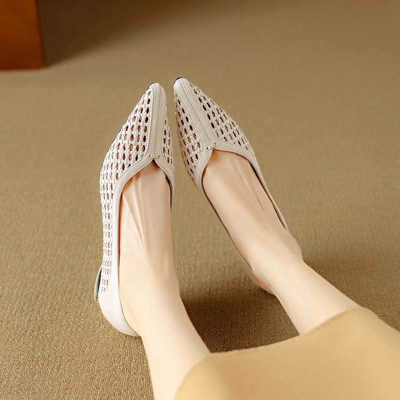 Fashion Women's New Spring and Summer Pointed Leather Cowhide Woven Hollow Breathable Mid Heel Fashion Single Shoes Work Shoes