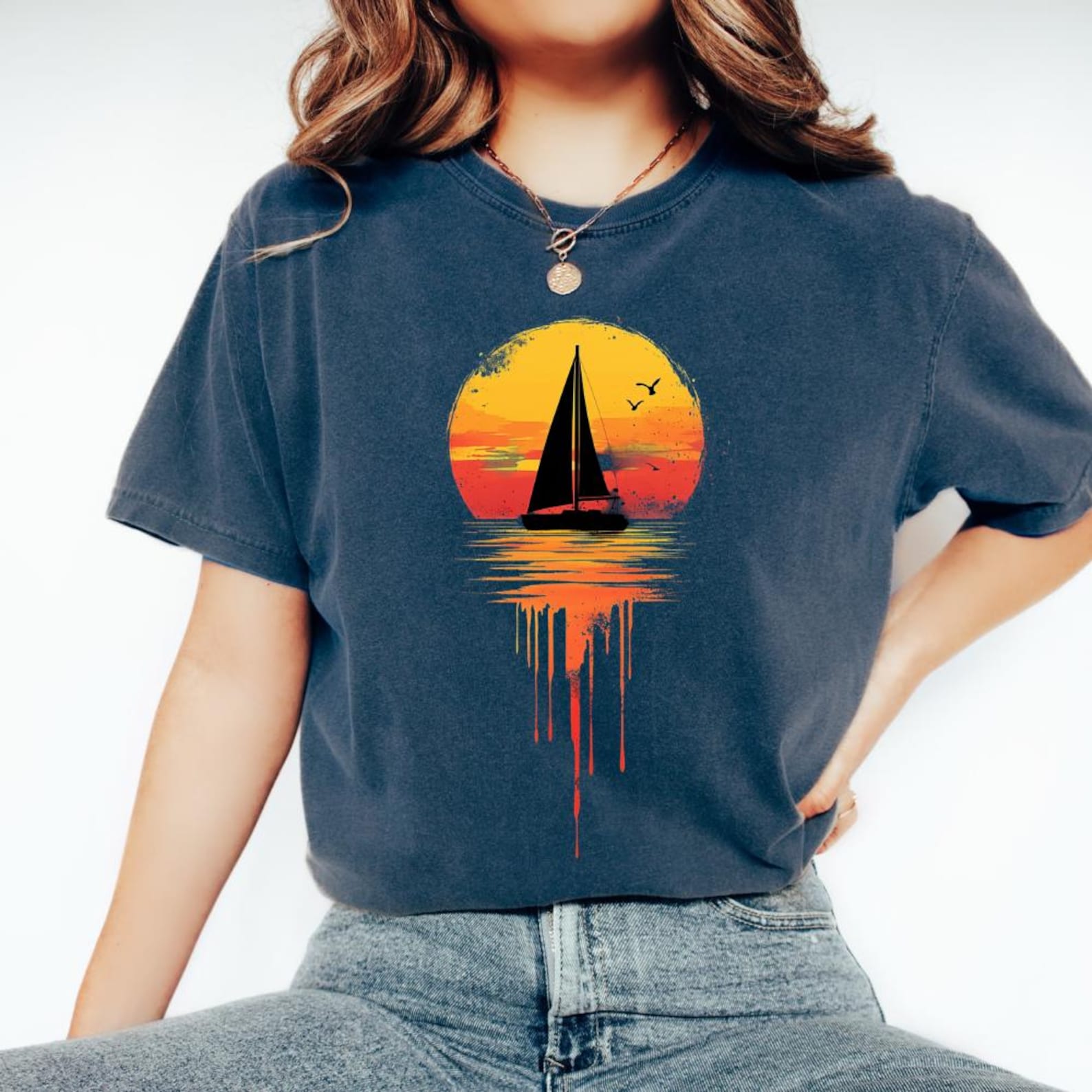 Sailing Sunset Garment-Dyed T-shirt, Beach Summer Apparel, Nature Travel Tee, Unisex Vacation Shirt, Ocean Vibes Top L