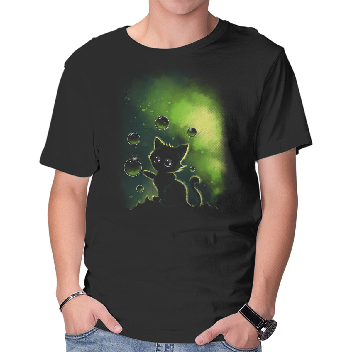 Unisex Crew Neck T-Shirt Bubble Cat Graphic Short Sleeve Casual Tee S