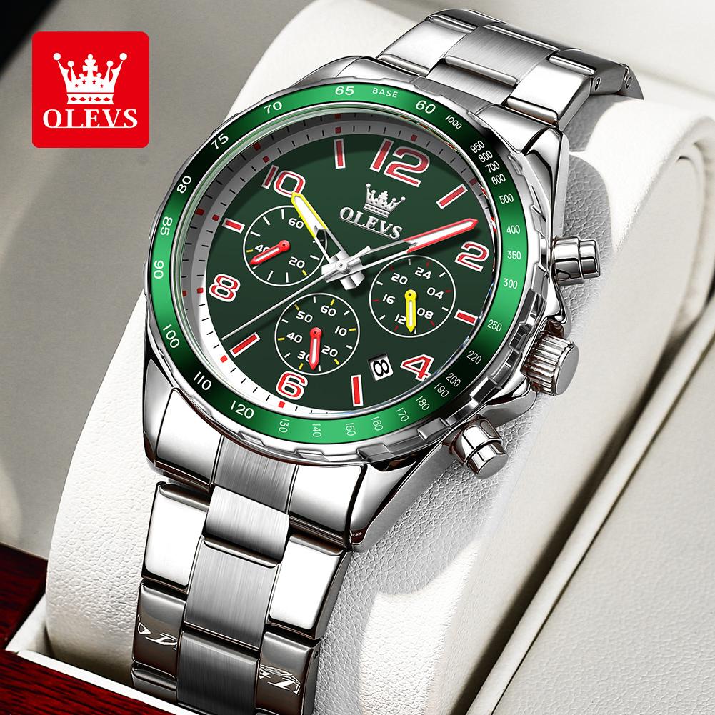 OLEVS TY714 Mens Watch Classic Fashion Original Quartz Chronograph Wristwatch Waterproof Stainless Steel Luminous Date With Box