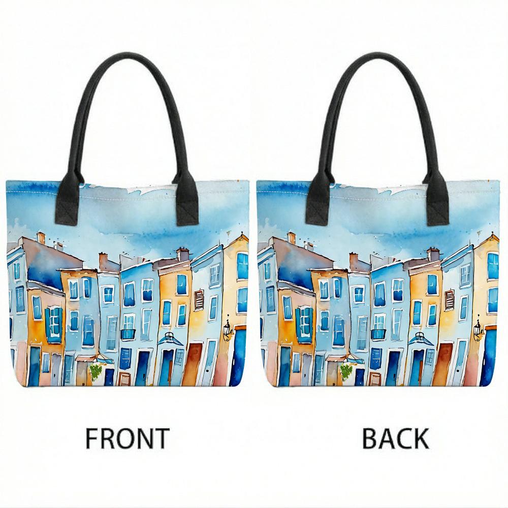 Watercolor Cityscape Tote Bag Casual Large Capacity Handbag For Daily Shopping Travel