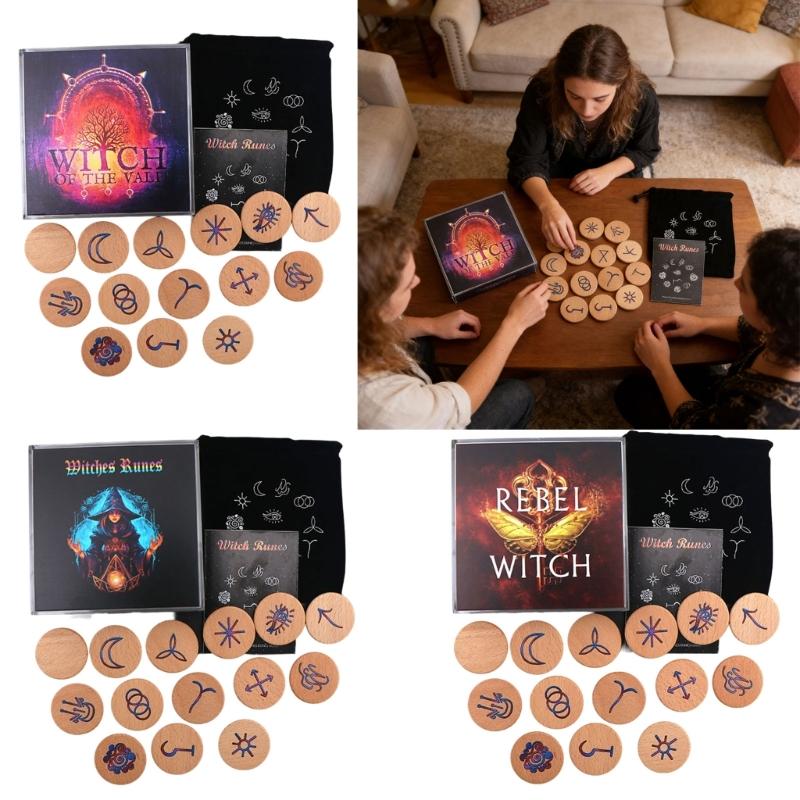 Hand Carved Wooden Runes Symbols Set Divination Runes Stone with Instruction and Storage Bag Heal Gift Decoration