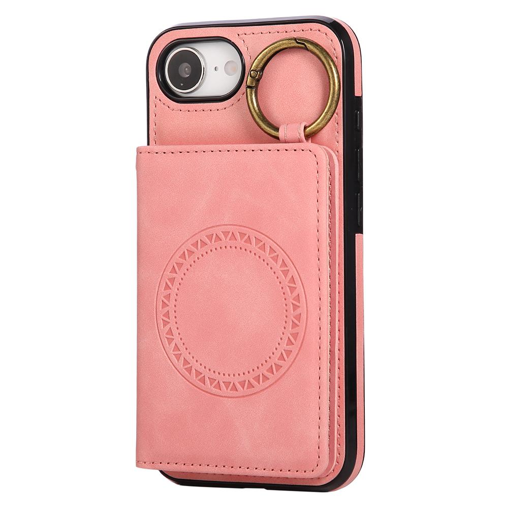 

For iPhone 16e Case Card Holder Kickstand Leather+TPU Phone Cover with Ring Holder Rose Gold